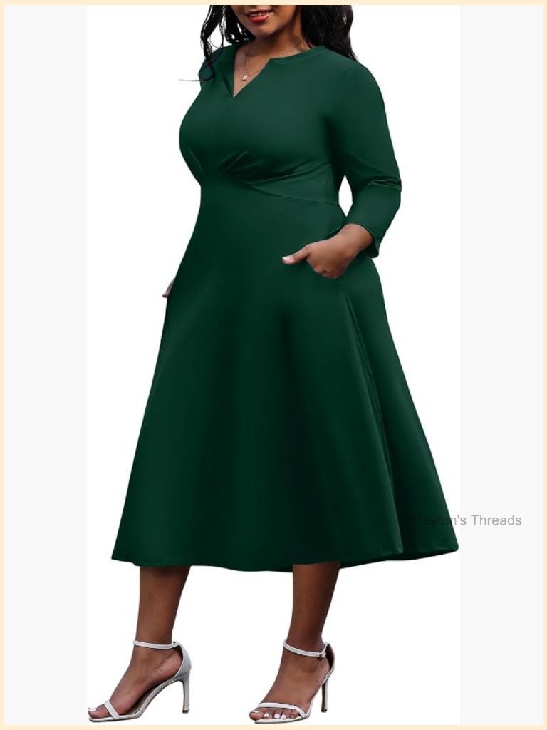 Women's Plus Size Stretchy Flared Wrap Dress Midi V Neck 3/4 Sleeve A-Line